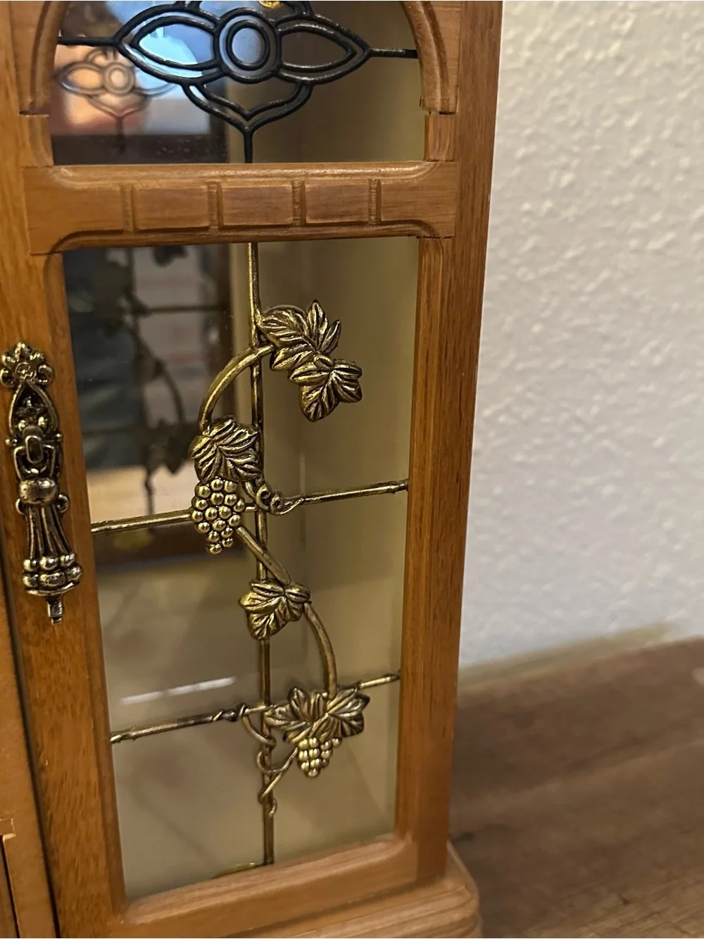 Wooden Jewelry Box with Decorative Glass Doors and Metal Accents 13”Tall 15 Wide